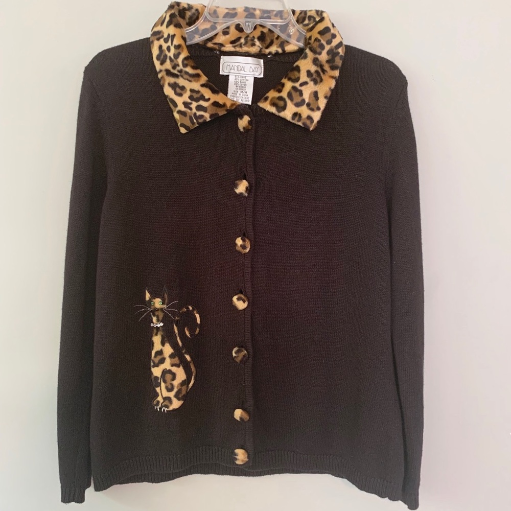 Vintage novelty cat leopard cardigan sweater